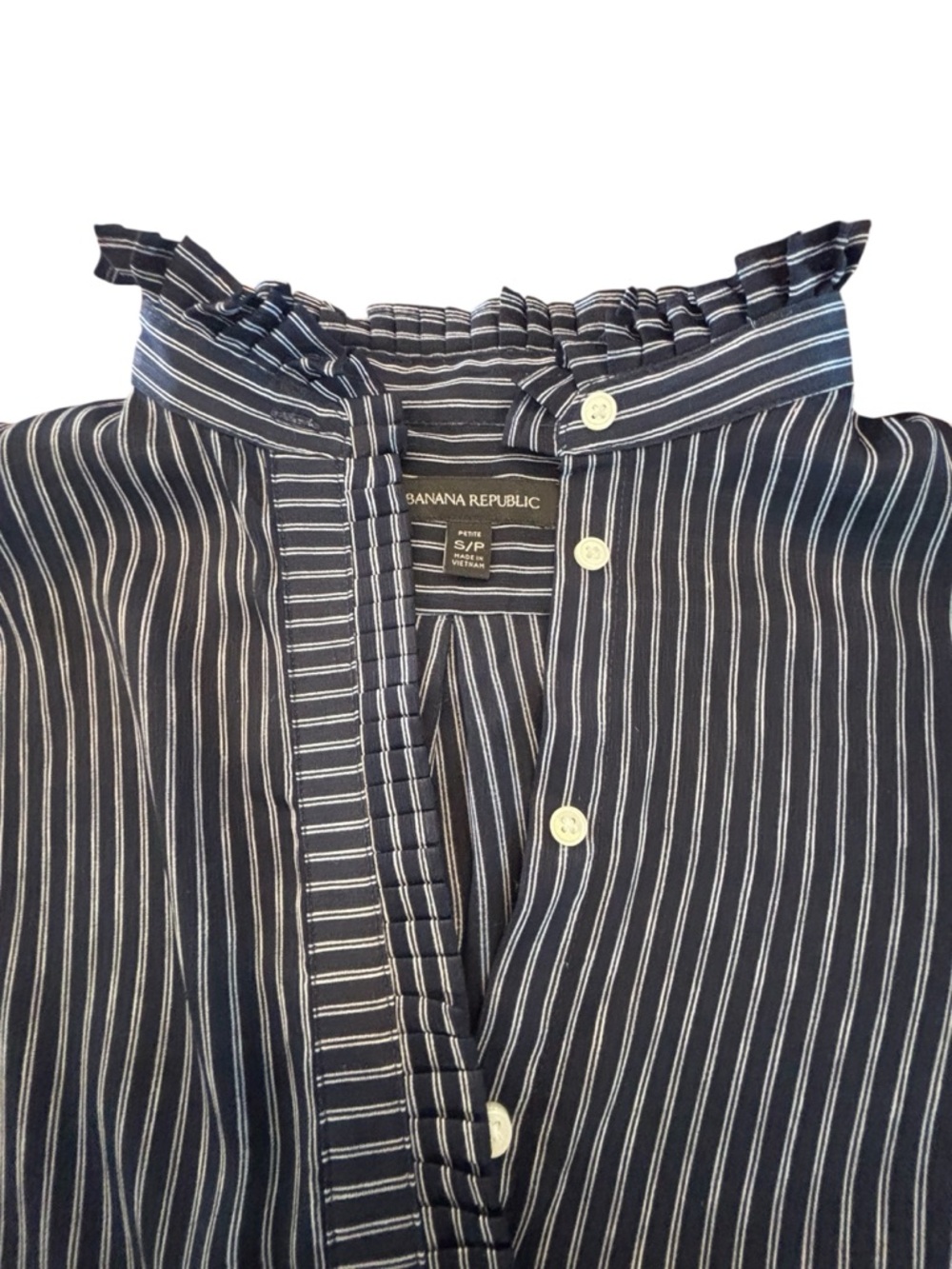 Banana Republic Petite Black White Striped Ruffle Neck Blouse Size S/P